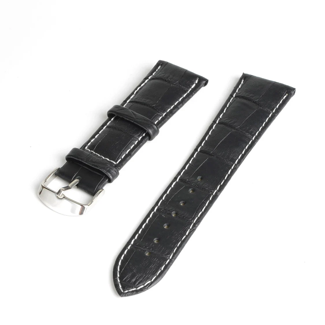 20mm Waterproof Durable Black Leather Watch Band Strap Buckle With White Stitching Line for Boy Men Dress Watches Acessories