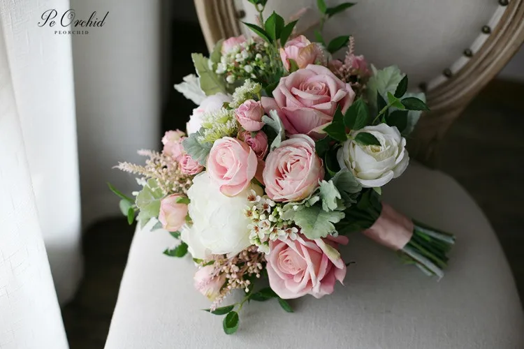 PEORCHID Cổ Điển Wedding Bridal Bouquet Nhân Tạo Ramo Novia Boda Trang Trí De Mariage Blush Màu Hồng Hoa Hồng Cô Dâu Bó Hoa