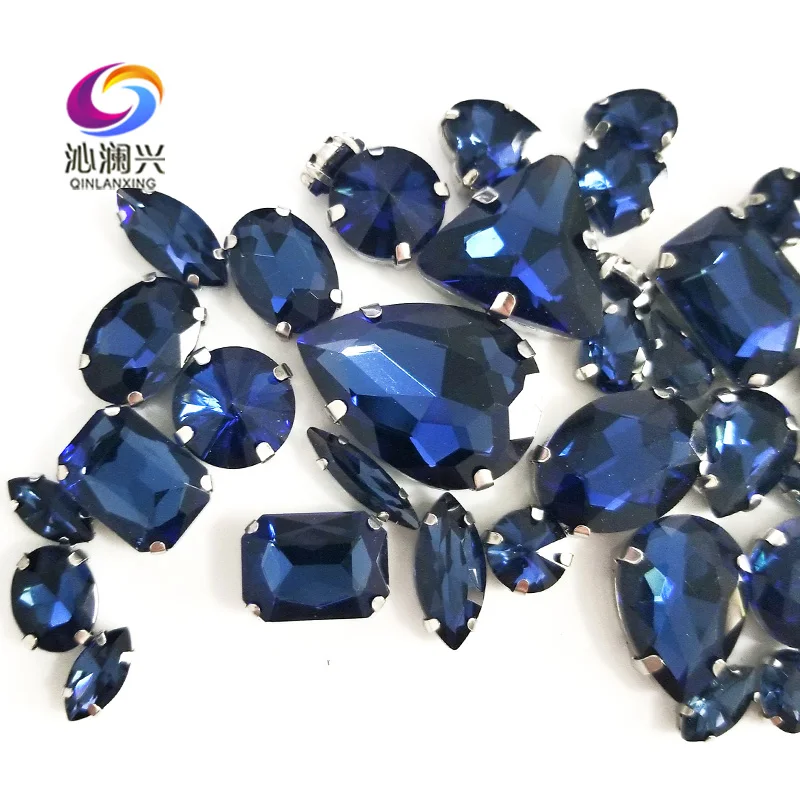 Crystals Glass Rhinestones for DIY Clothing Accessories, Mixed Shape Sewing Stones, Ink Blue, Mix Size, Factory Sales, 68Pcs