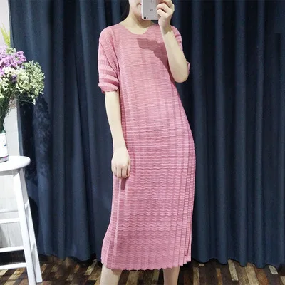 

HOT SELLING Miyake fashion solid pleated loose o-neck short sleeve women DRESS IN STOCK