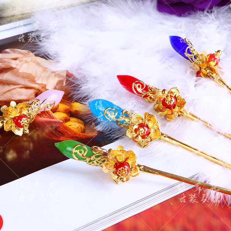 Golden and Silver Multicolor Jade Orchid Classical Hair Stick  Cosplay Hair Accessory Handmade  Hanfu Costume Accessory