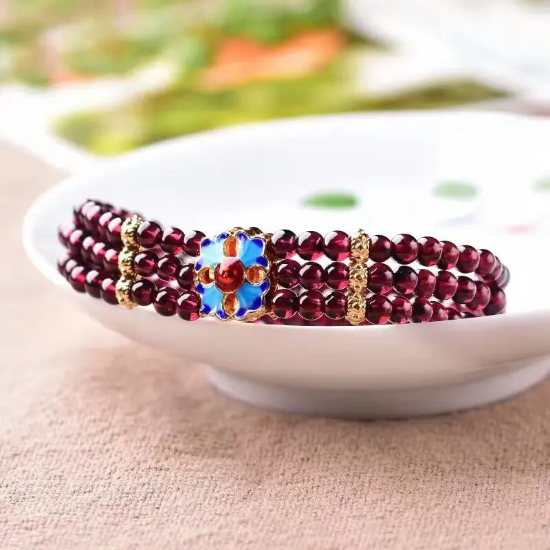 Wholesale Natural Garnet Bracelet Wine Red Bead With Roasted Blue Flower Bracelets Lucky for Women Girl Crystal Jewelry