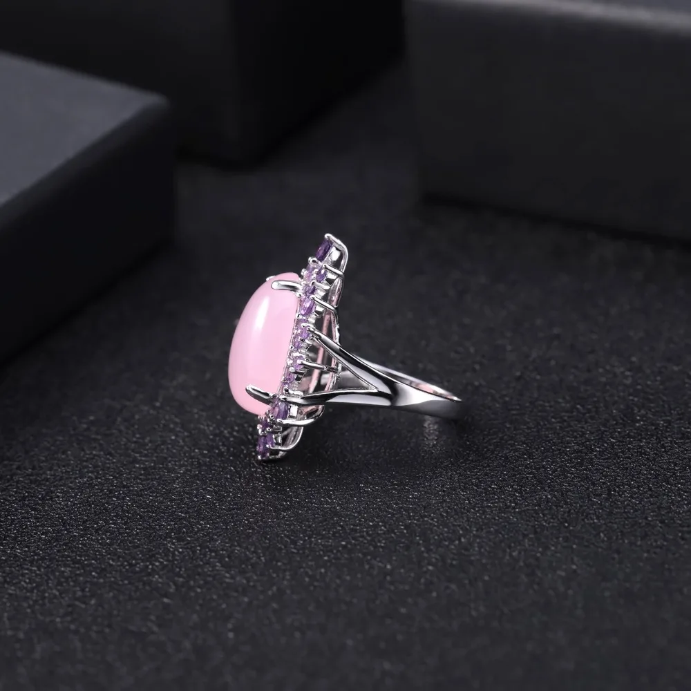 GEM\'S BALLET Natural Pink Calcedony Gemstone Ring 925 Sterling Silver Vintage Halo Cocktail  Rings for Women Fine Jewelry