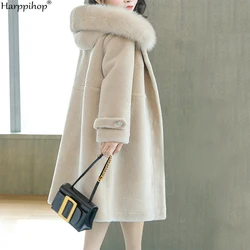 Sheep sheared coat female long section 2019 fox fur hooded granule wool fur Slim thick coat