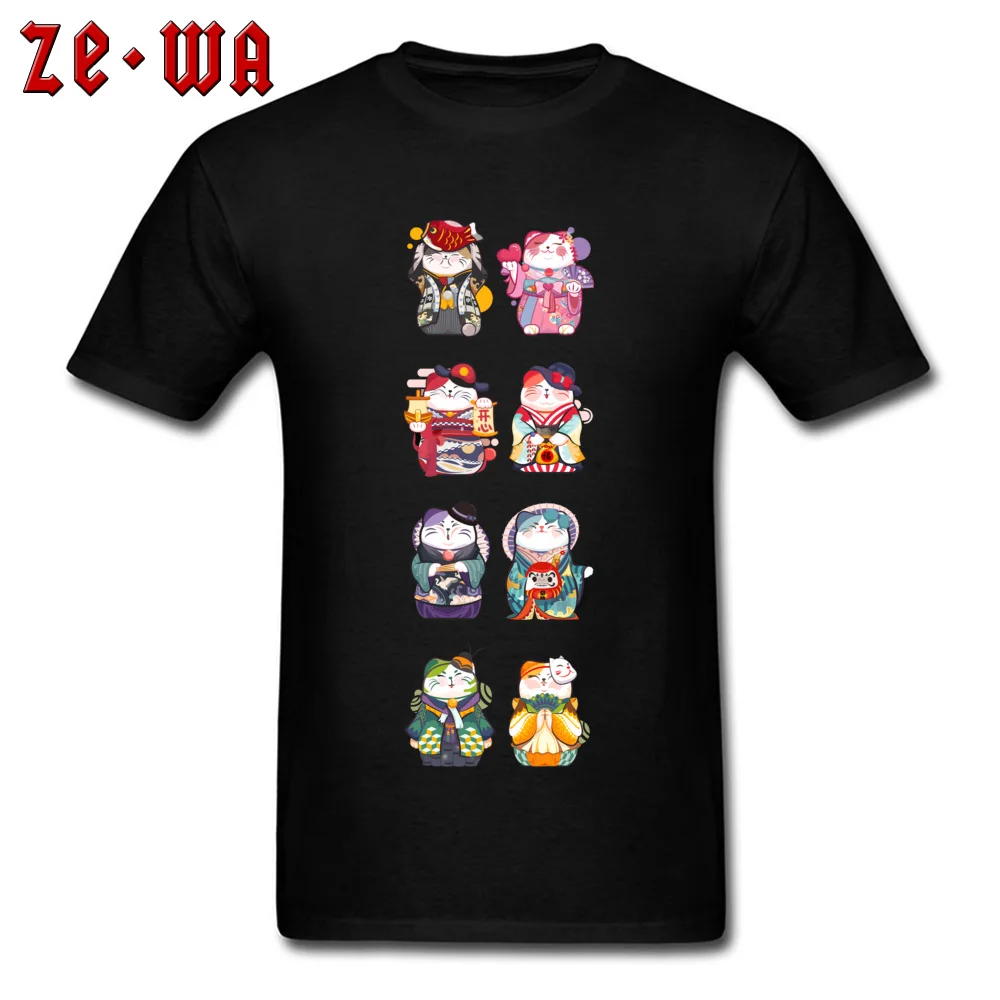 Kawaii Tees Men T-shirt Lucky Cat Print T Shirts Japan Style Youth Tshirt Cotton Black Clothes Gift Maneki Neko Cartoon Tops