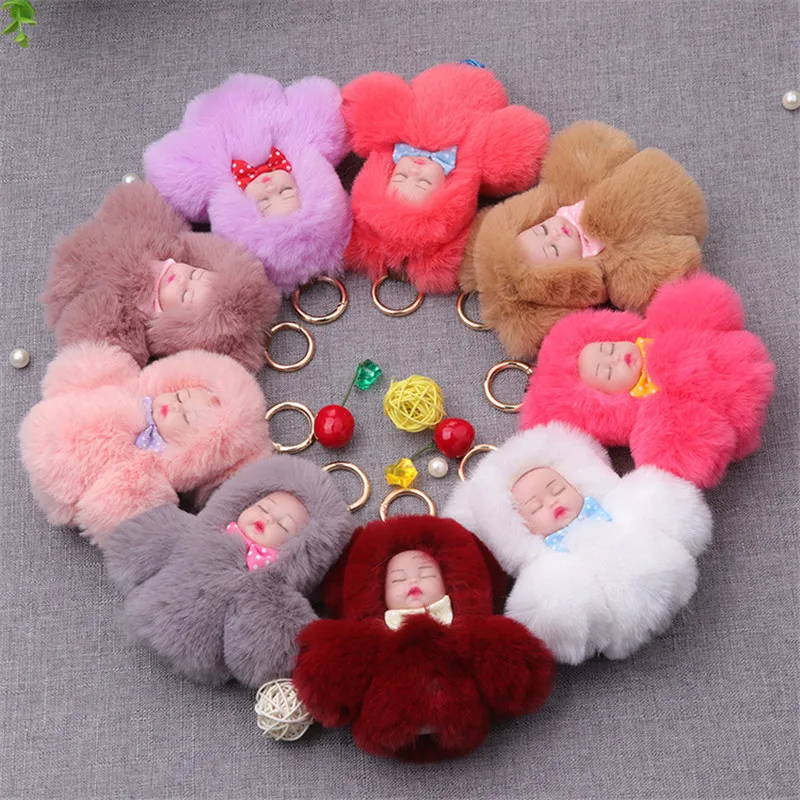 

Fluffy Rabbit Fur Sleeping Baby Toy Key Chain Woman Cute Girls Pompom Doll Keychain On Bag Trinket Party Kids Toys Gifts