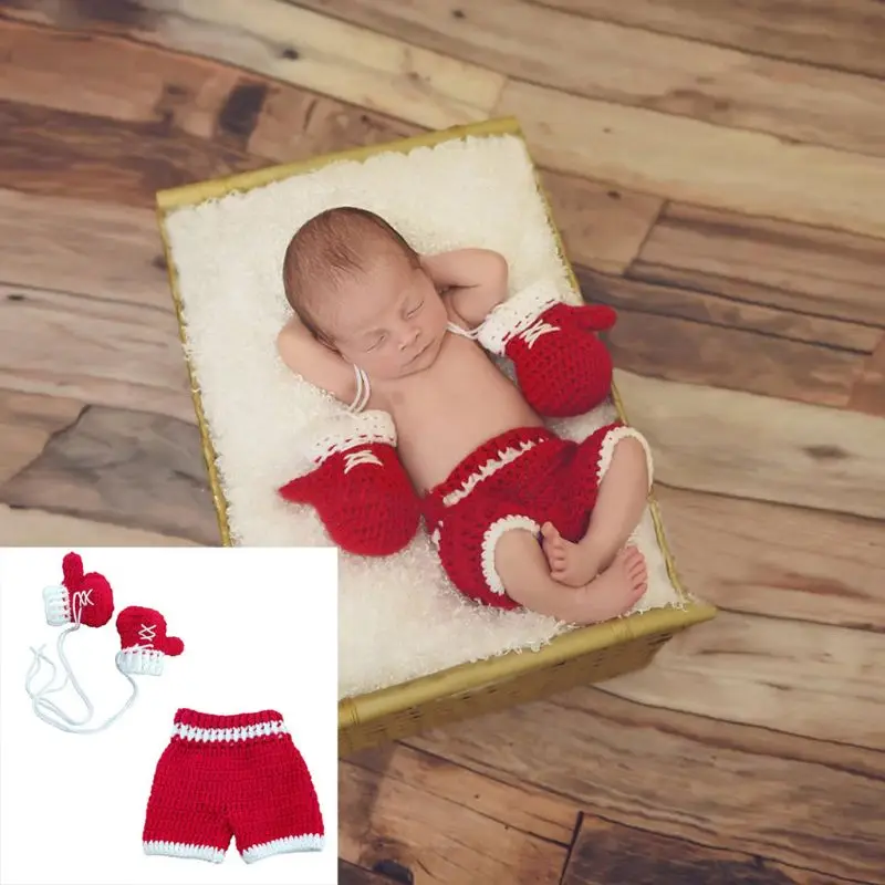 D7YD Newborn Baby Photo Photography Prop Costume Boxing Gloves Shorts Crochet Knit Clothes boxer Boxing gloves and  pants Set