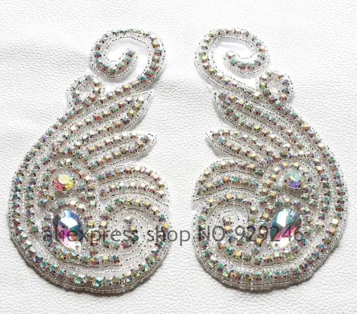 free shipping 1 pair/lot 9 shape handmade crystal rhinestone applique trims for hat clothes shoulders decoration AB hotfix motif