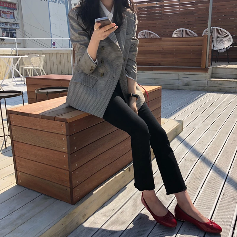 Bgteever jaqueta clássica xadrez dupla, blazer feminino com gola entalhada, blusa de frio para mulheres