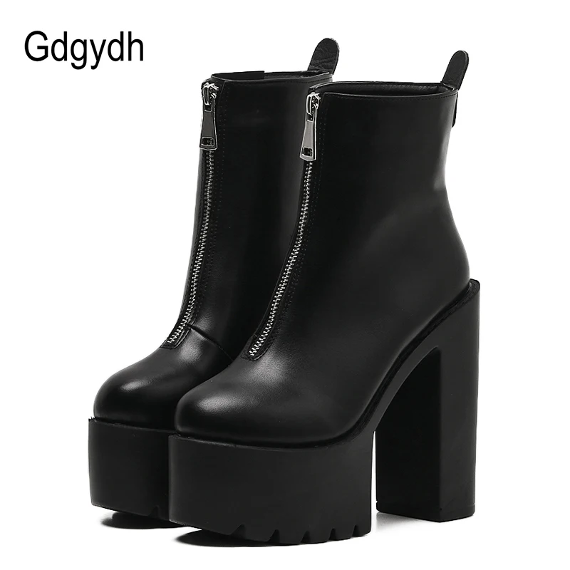 Gdgydh Fashion Autumn Women Ankle Boots Leather Black Female High Heels Shoes Ultra High Platform Heels Round Toe Lady Shoe