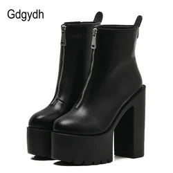 Gdgydh mulheres couro preto tornozelo botas saltos altos sapatos de plataforma dedo do pé redondo moda outono