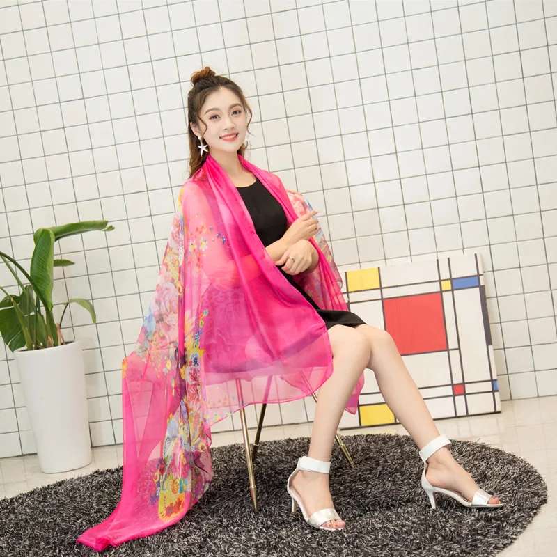 

Classic fashion female silk peony print scarf to increase sunscreen beach towel decoration scarf travel shawl hot sale gift