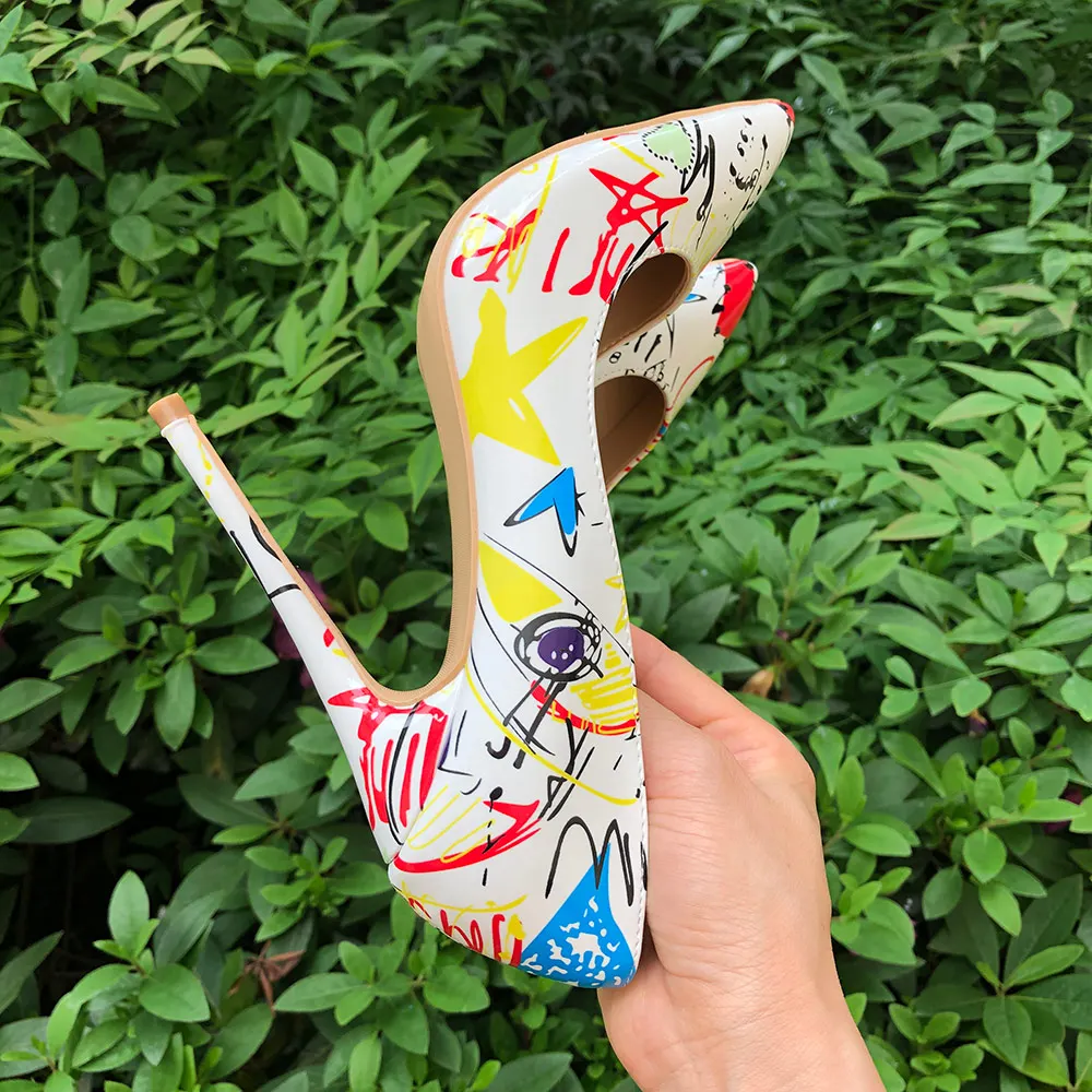 Veowalk Artistic Graffiti Printed Women Sexy Stiletto High Heels Ladies Wedding Party Pointed Toe Pumps Shoes Customized Accept