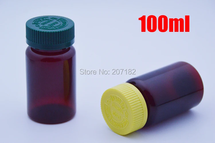 100pcs 100ml Amber PET Child-proof Bottles,Capsules/Pills/Powder/Vitamin Plastic Bottles with Green/Yellow Colors Screwing Lids