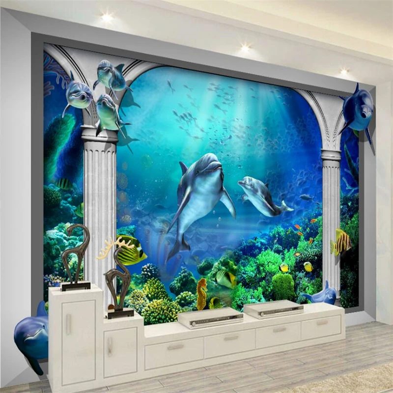 

wellyu Underwater World Marine Aquarium Roman Column 3D TV Wall Customized Large Environmental Mural Wallpaper