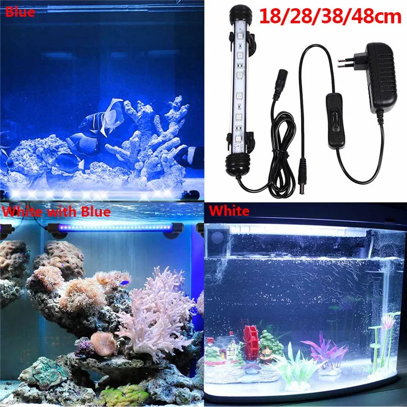 Lámpara de Clip impermeable para acuario, luz LED azul/blanca de 9/12/15/21 SMD5050, barra sumergible, enchufe europeo S40, 18/28/38/48CM