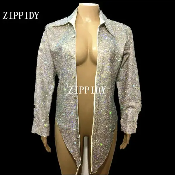 Super Glisten AB Rhinestones Luxury Shirt Sexy women Jacket Sparkly Crystals Design Evening Party Costume Stage Performance Wear