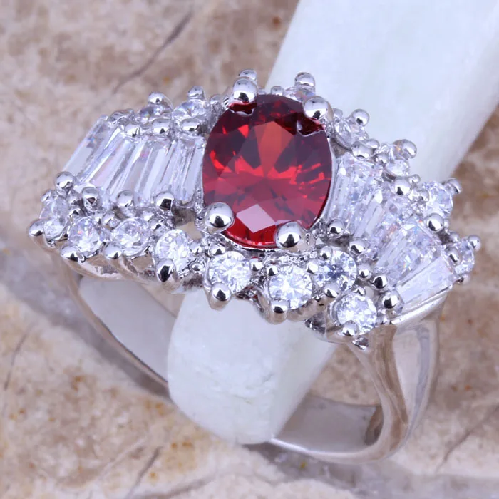 Superb Red Garnet White CZ Silver Plated  Women's Jewelry Ring Size 6 / 7 / 8 / 9 R0427