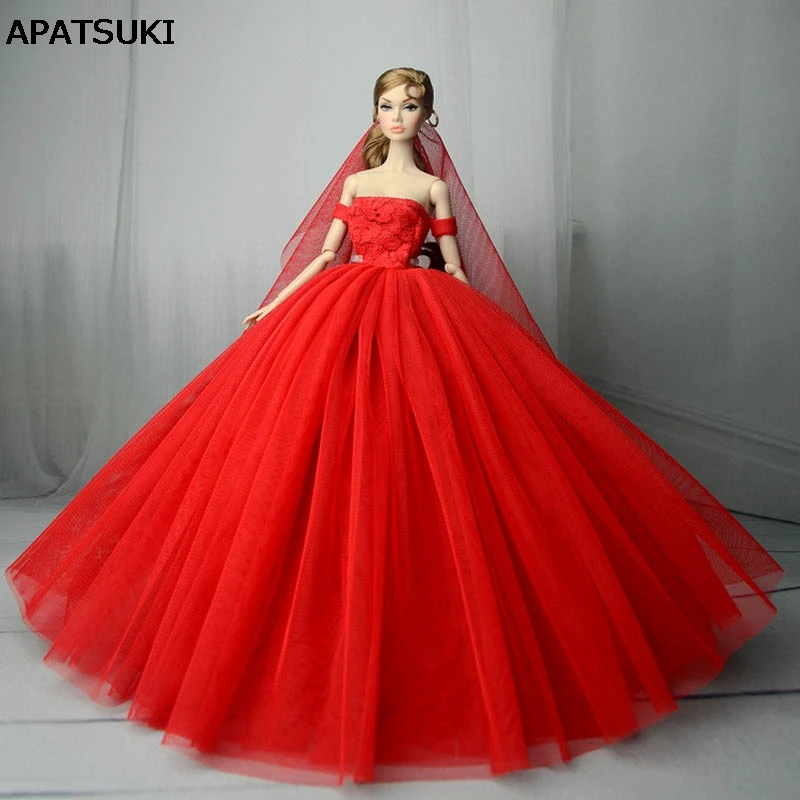 Red Wedding Dress for Barbie Doll Princess Evening Party Gown Clothes Wears Long Dress Outfits With Veil 1/6 Doll Accessories