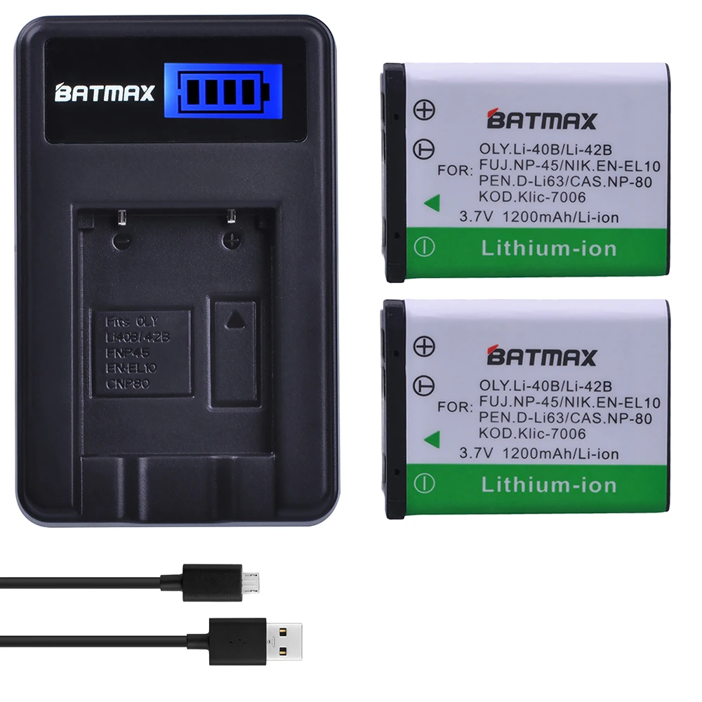 Batmax Li-40B NP-45 Bateria 1200mAh Battery+LCD Charger for Olympus Li 40B Li-42B for FUJIFILM NP-45 NP-45S NP-45A 45B EN-EL10