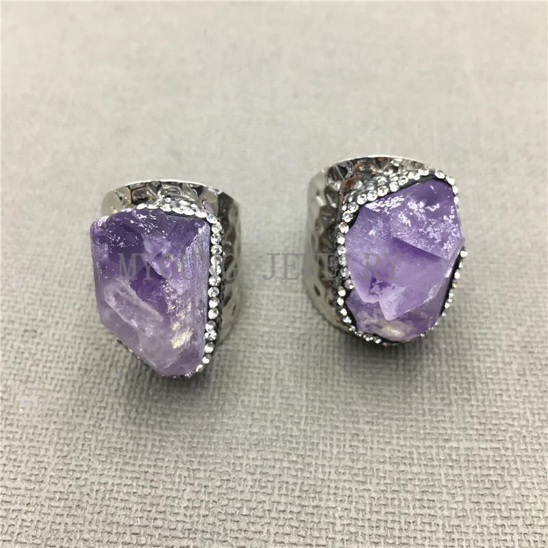 Purple Crystal Quartz Rings,Natural Stone Amethysts Druzy Rings Wth Rhinestone Paved For Women Open Finger Rings MY0303