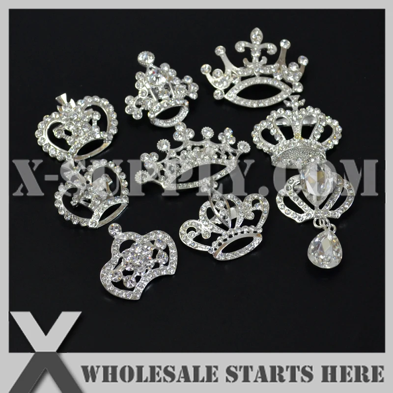 (20pcs/lot) Silver Crown Metal Rhinestone Embellishments Brooch for Wedding Invitation,Party Decorations,Mixed 9 Designs