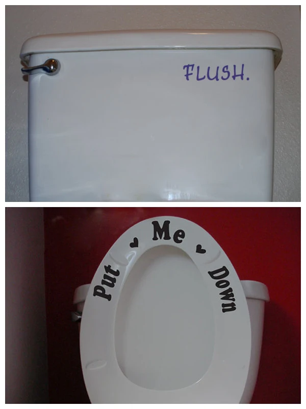 Put me down + Flush .. Toilet Seat Sticker , Toilet Seat Sign Reminder To Clean Quote Word Lettering Art