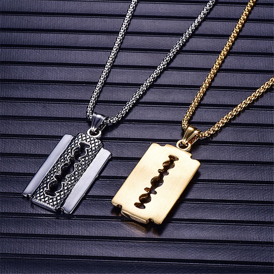 Punk Razor Blade Pendants Necklaces Gold Color Stainless Steel Chain Barber Shop Necklace for Men Jewelry