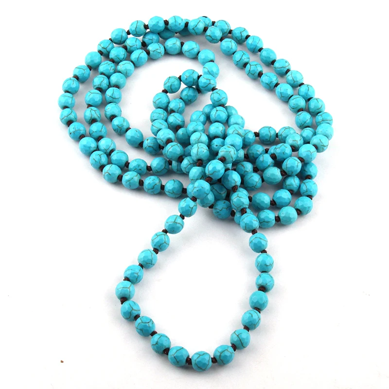 8mm  Fashion Bohemian Tribal Jewelry 8mm Blue Faceted Stones long Knotted Necklace