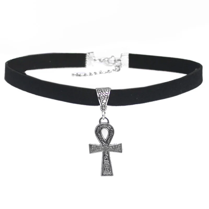 1pcs Fashion Jewelry Choker Necklace Black 10mm Flat Faux Suede Cord Egypt Ankh Cross Star Charm 13\