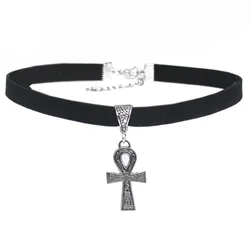 1pcs Fashion Jewelry Choker Necklace Black 10mm Flat Faux Suede Cord Egypt Ankh Cross Star Charm 13