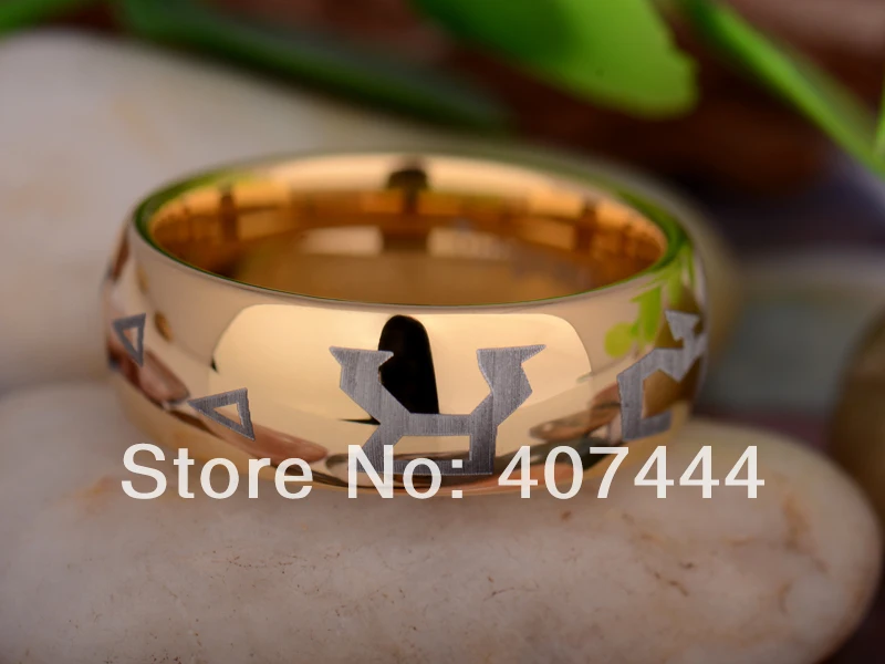 YGK JEWELRY 8MM Gold Color Shiny Dome Stargate Address Men's Tungsten Carbide Wedding Ring