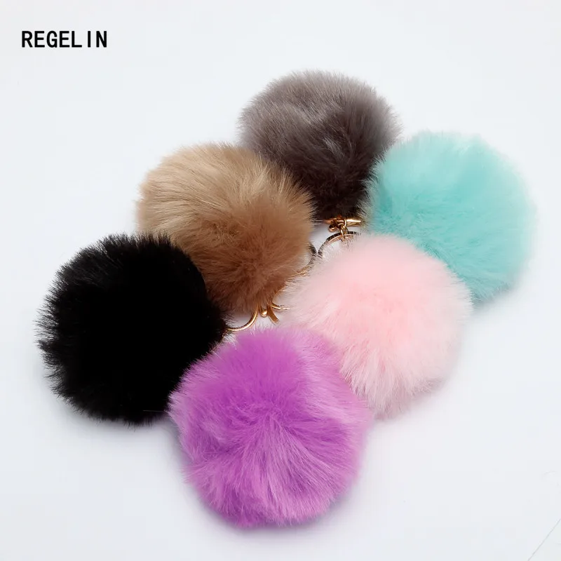 REGELIN 8cm Fake Fur Lovely Fluffy  Pompom Brand Bag Keychain Car Keyring Golden Chains Keychain 2017 Fashion Women Jewelry Gift