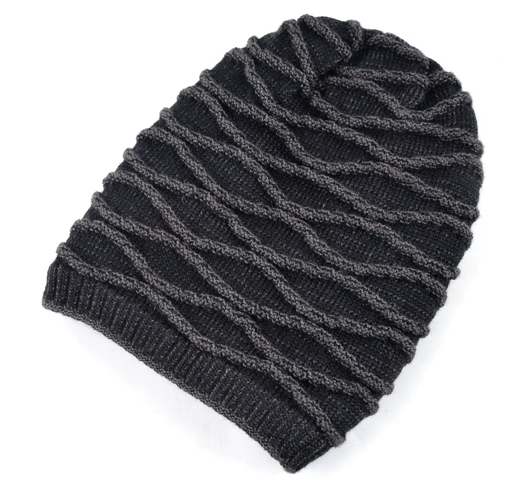 Winter beanie men hat water ripples stocking cap mens skullies knitted hats plus velvet thicker bonnet beanies for men gorro