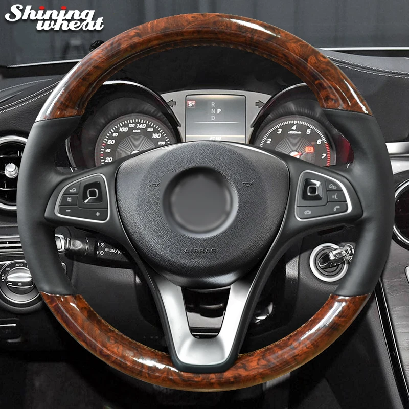 

Shining wheat Black Genuine Leather PU Carbon Fiber Car Steering Wheel Cover for Mercedes-Benz W205 C180 C200 C260 C300 B200