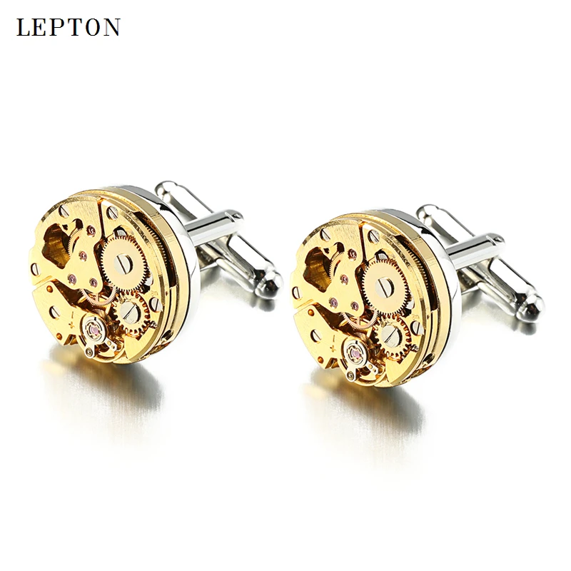 Lepton Watch Movement Cufflinks for immovable Gold Color Steampunk Gear Watch Mechanism Cuff links for Mens Relojes gemelos