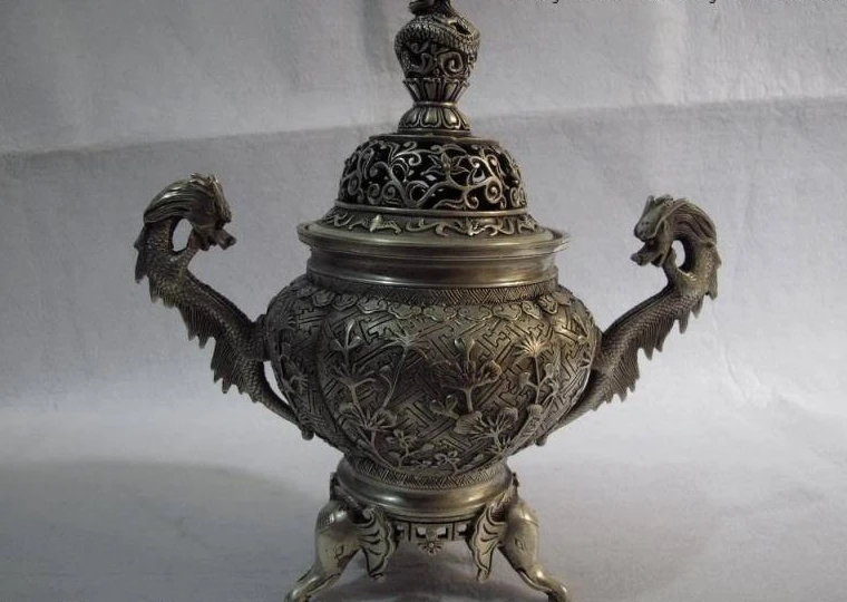 Chinese bronze silver-gilt Dragon 3 elephant Leg flower censer incense burner