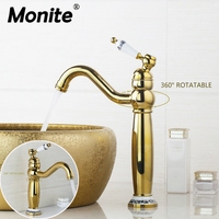 Monite Golden Polished Kitchen Faucet Swivel 360 Spout Deck Mounted Sink  Faucet Mixer Single Ceramic Handle Tap