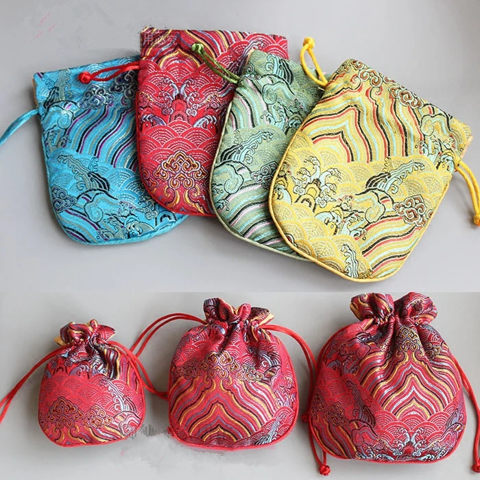 

Wave Small Chinese Silk Brocade Jewelry Pouch Drawstring Fabric Gift Bag Lavender Sachet Bag Vintage Flower Coin Purse 50pcs/l