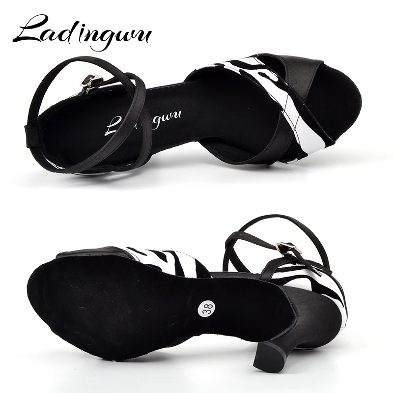 Ladingwu-Chaussures de brevLatine pour Femme, Satin Noir, Talon Haut, Texture Zèbre, PU, ix, Salle de Bal, Été, Nouveau