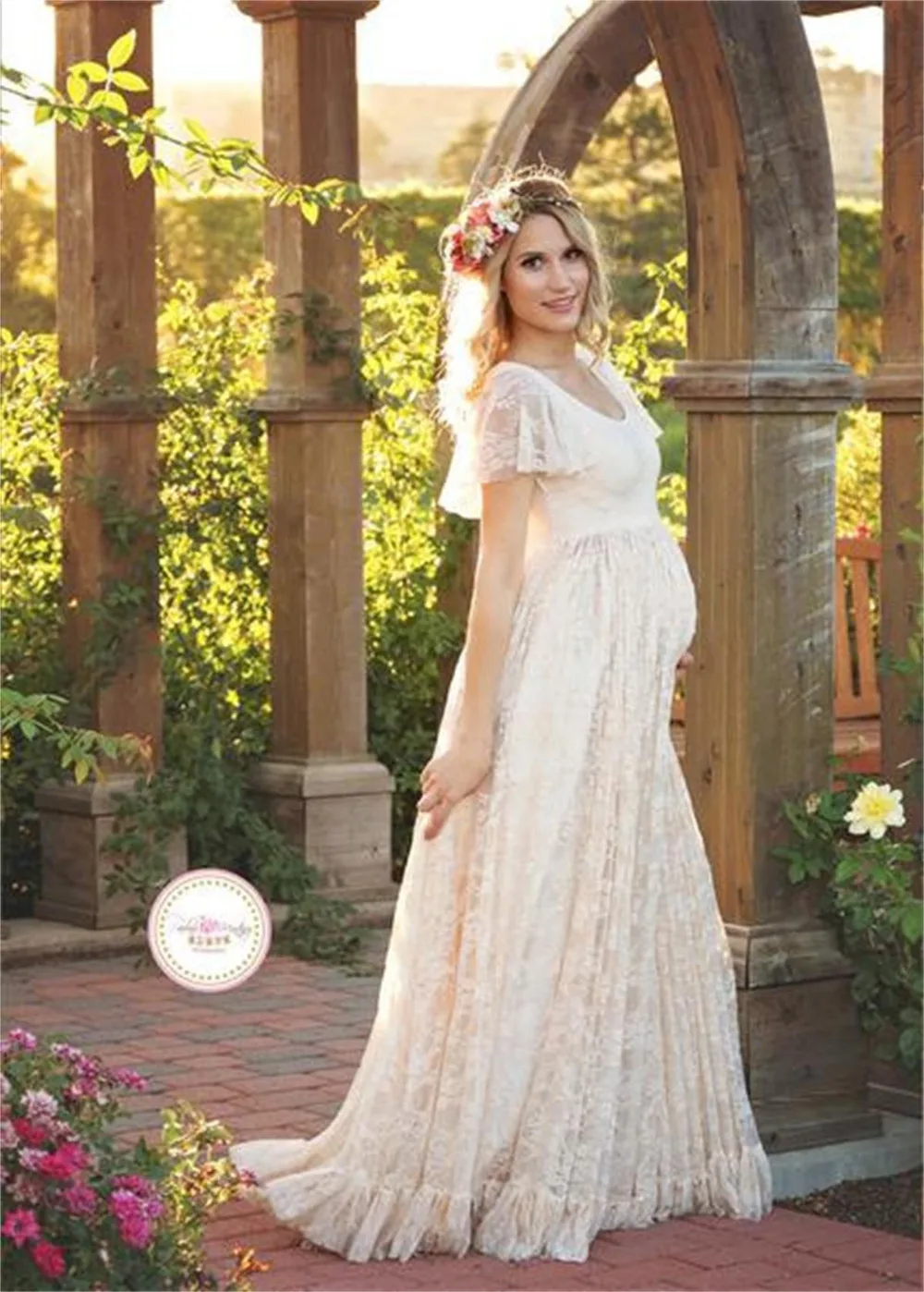 New M-2XL Lace Maternity Dress Photography Prop O-neck Long Sleeve Wedding Party Gown Pregnant Women Elegant Wear Plus Size