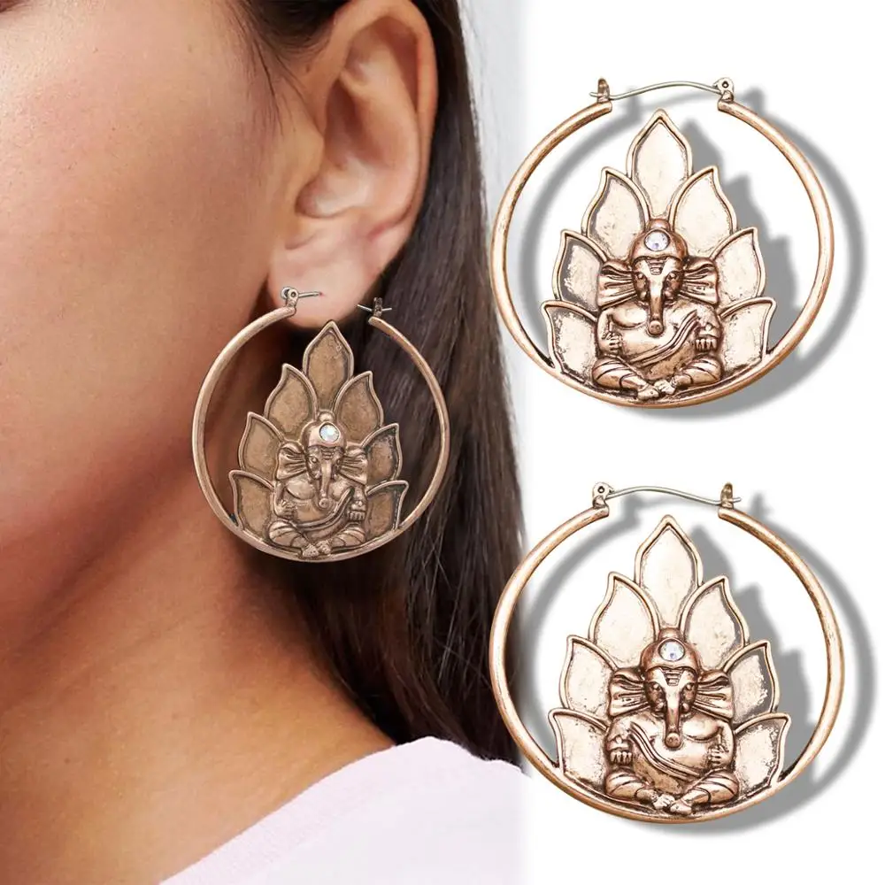 RechicGu Vintage Ganesha Etched Elephant OM Hindu Lotus Hoop Earrings Retro Buddhism Orecchini Woman Ear Pendants Jewelry Gift