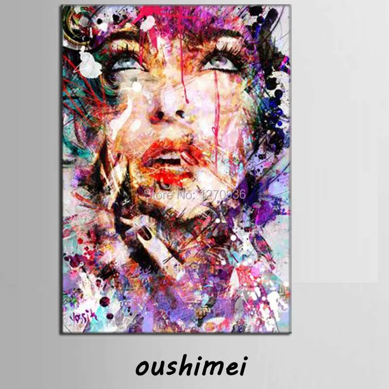 Beautiful lady is looking up sky in purple clothes abstract portrait painting hand painted oil painting on canvas women face art