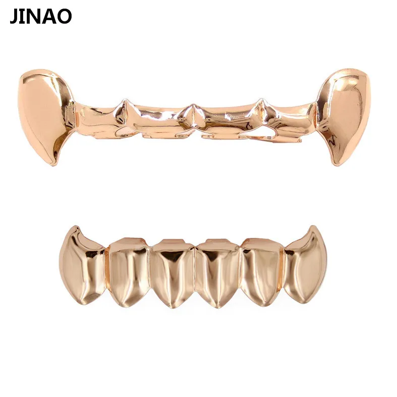 JINAO New Fit Gold Color Plated Hip Hop Teeth Half Fang Top & Solid Fangs Bottom Grillz Vampire Set.Gift