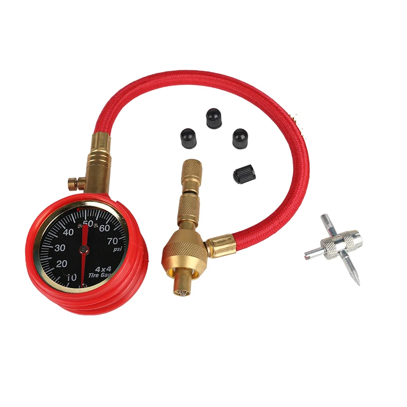 Red Mechanical Pointer Tire Pressure Gauge Tyre Deflator Kit with 4 Valve Cap for Automobile Cars Trucks