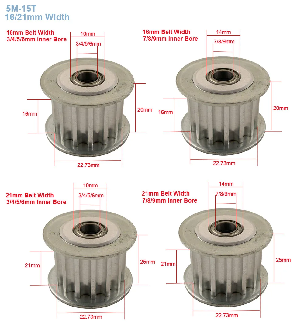 2pcs HTD 5M-15T Timing Idler Pulley 15 Teeth 3/4/5/6/7/8/9mm Bore Idle Belt Pulley 16/21mm Belt Width Bearing Synchronous Wheel