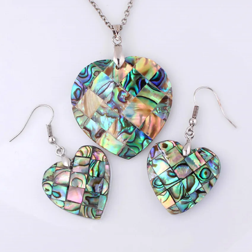 

KFT Silver Plated Natural Multicolor Abalone Shell Love Heart Pendant Dangle Hook Shell Earrings Engagement Jewelry Sets