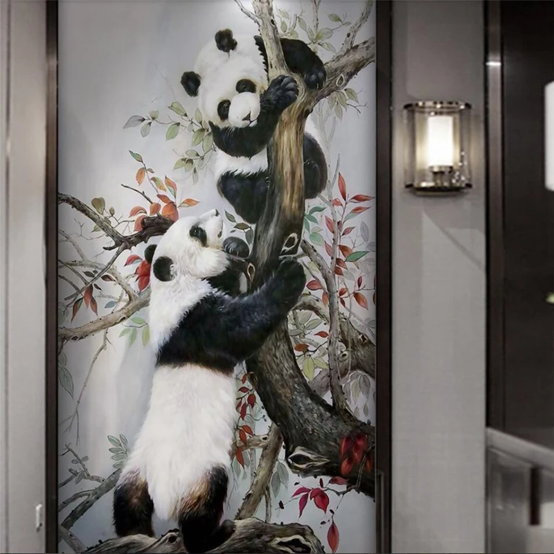 wellyu New Chinese hand-painted brush giant panda forest landscape entrance decoration custom large mural green wallpaper