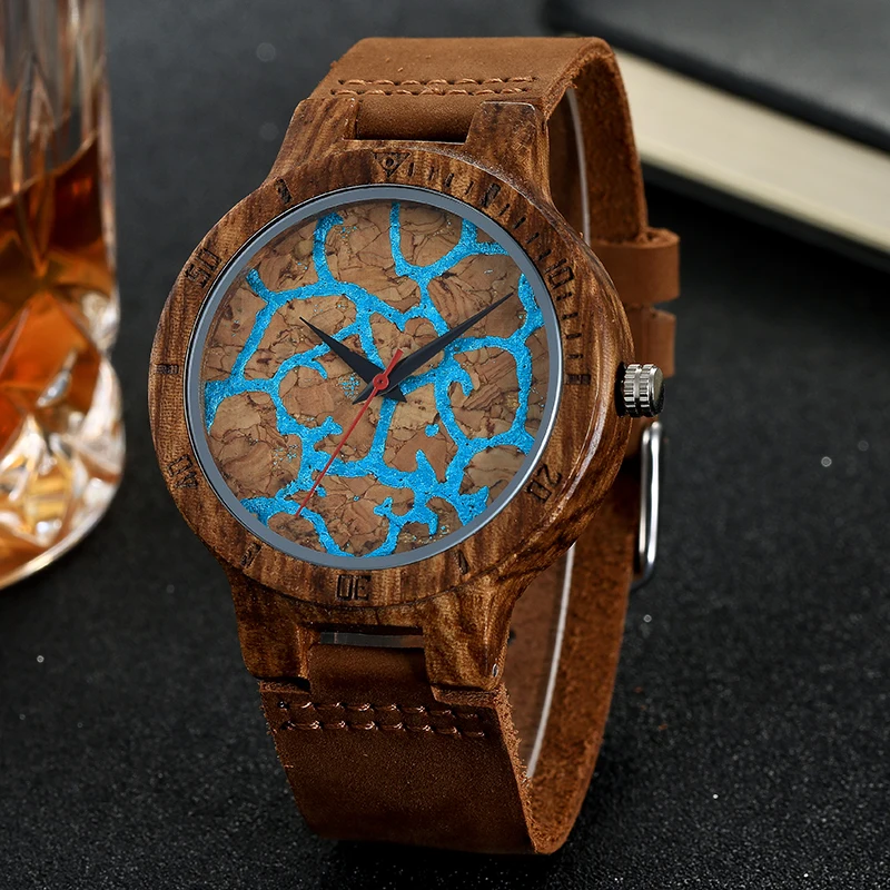 Fashion Wooden Watches Blue Sea Creative Cracked Face Design Quartz Wrist Watch Men Women bayan kol saati  Relogio Masculino