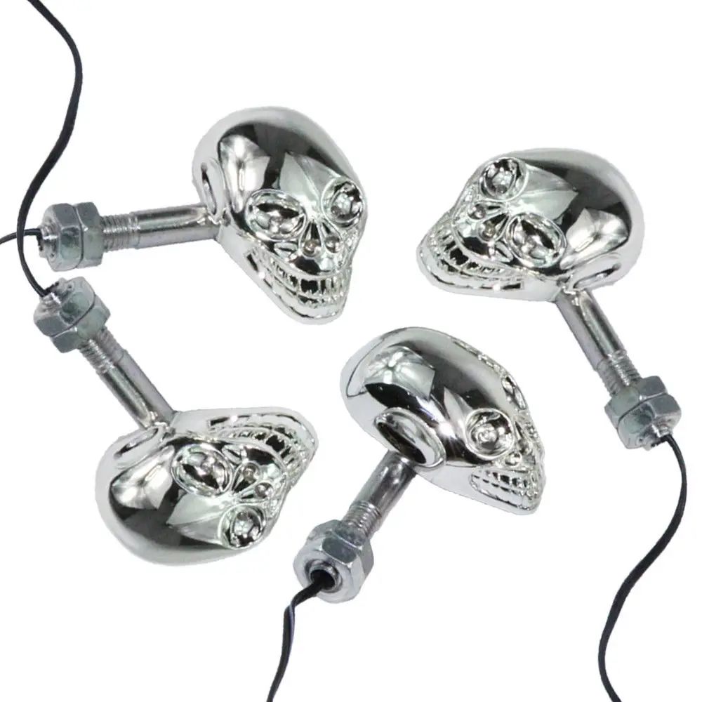 4x LED Universal Motorcycle Chrome Skull Turn Signal Indicator Blinker Amber Light Lamp Dual Sport bike Cruiser Bobber